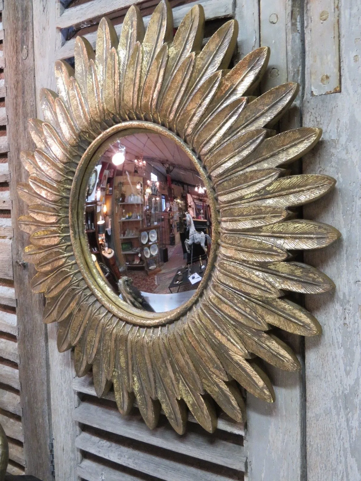 Vintage sunburst mirror - feather frame and convex mirror 23 ½'' diameter