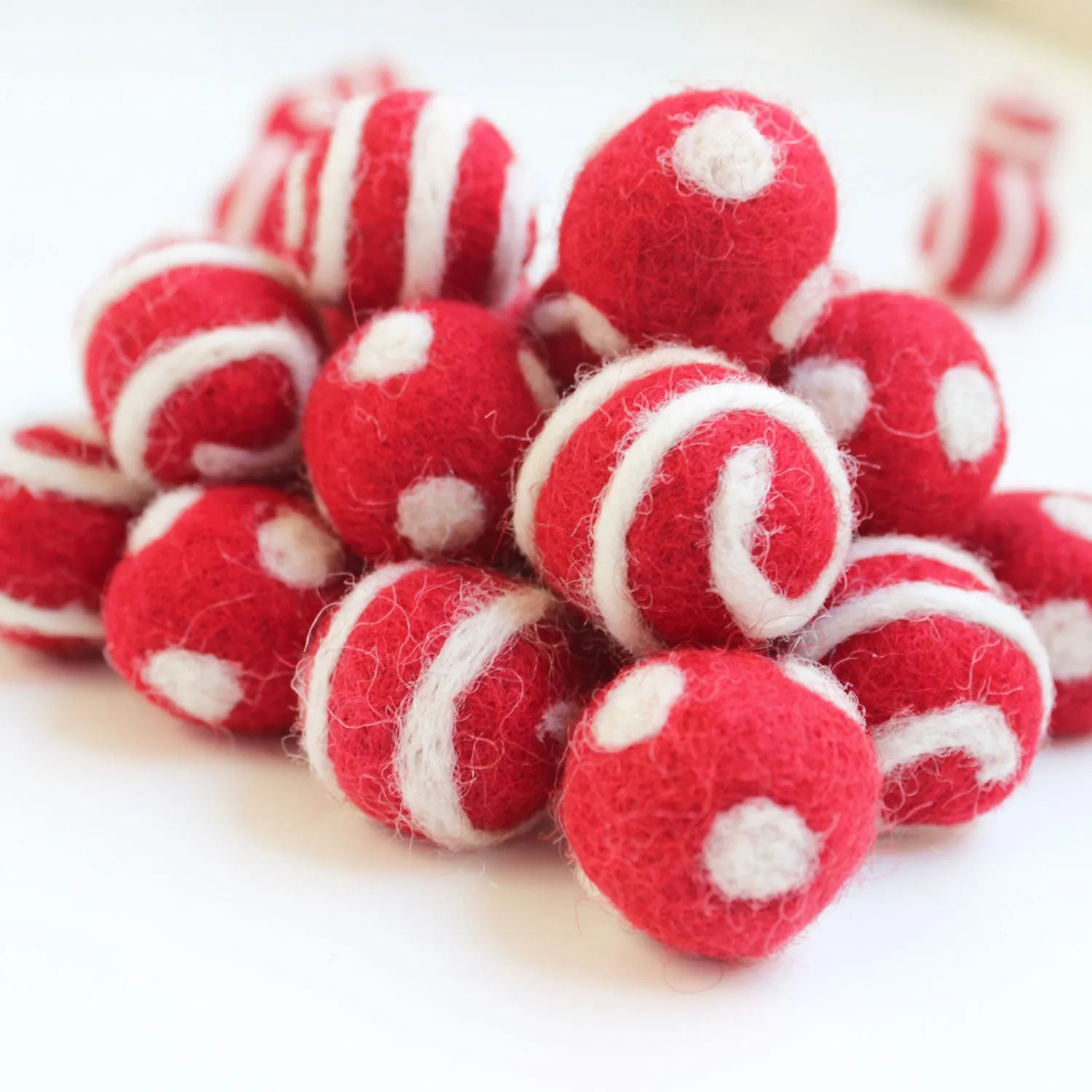 White On Red Polka Dot Swirl Felt Balls