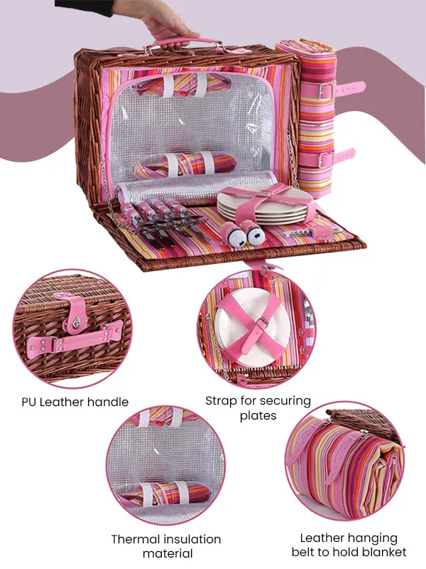 Wicker Picnic Basket with Cooler Bag for 4 people - Pink Design