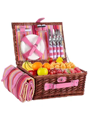 Wicker Picnic Basket with Cooler Bag for 4 people - Pink Design