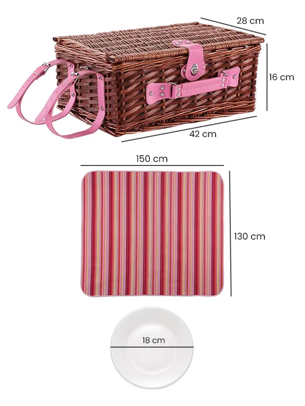 Wicker Picnic Basket with Cooler Bag for 4 people - Pink Design
