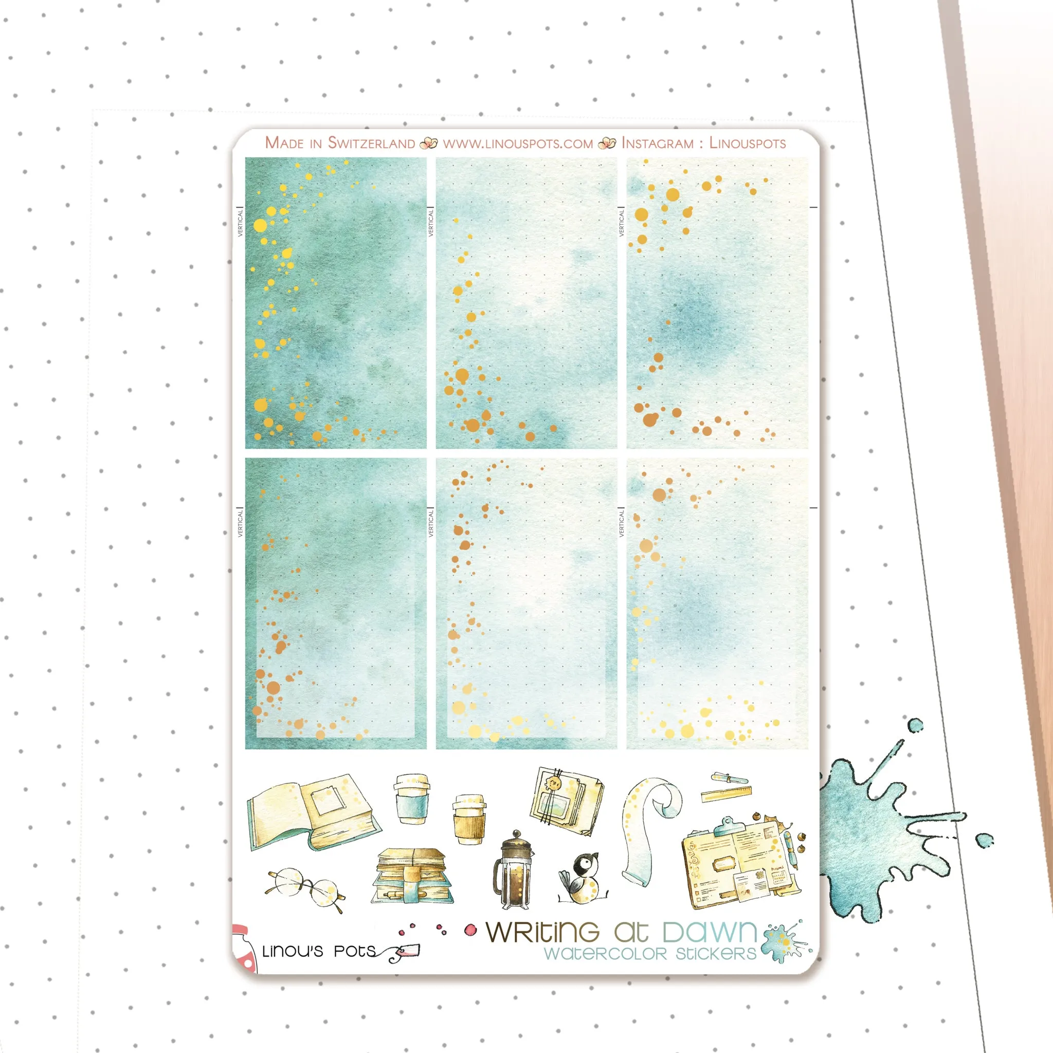 Writing At Dawn - Watercolor Planner Stickers - 1,5’’ Fullboxes Blue FOILED ✨